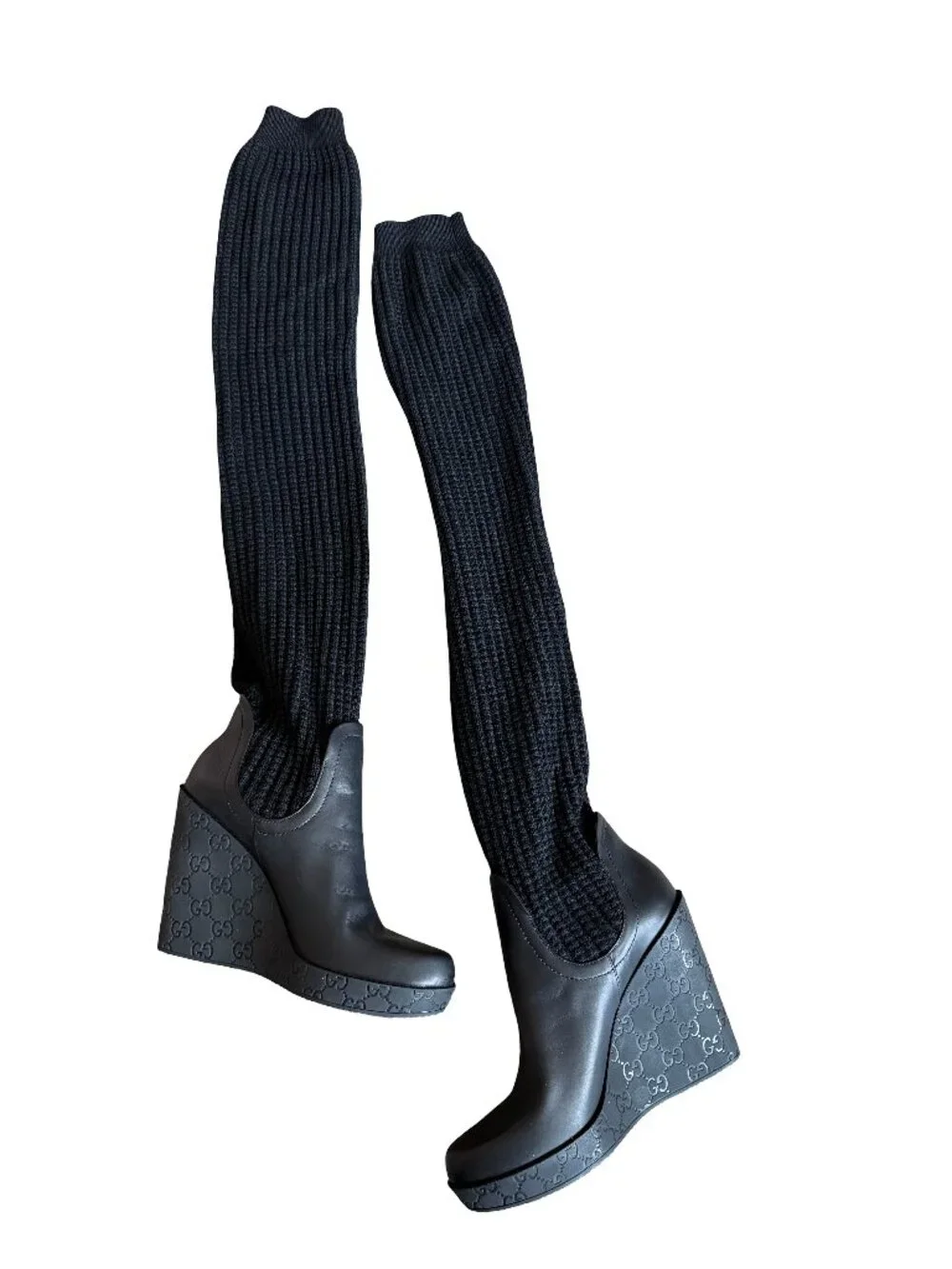 Gucci Aspen Wool Babylon Black Wool Knit Over the Knee Wedge Size 9.5 Women's